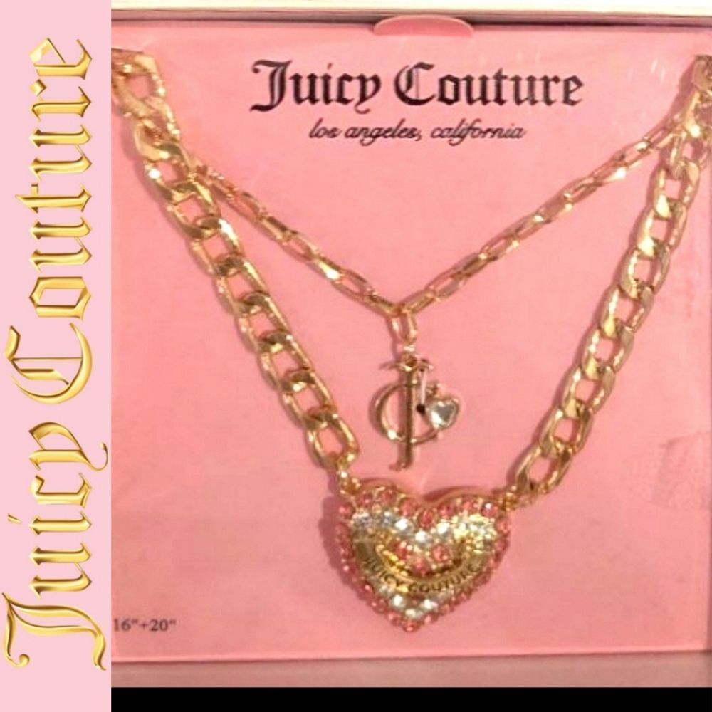 Juicy Couture Double Rhinestone Heart‎ & JC Charm Necklace